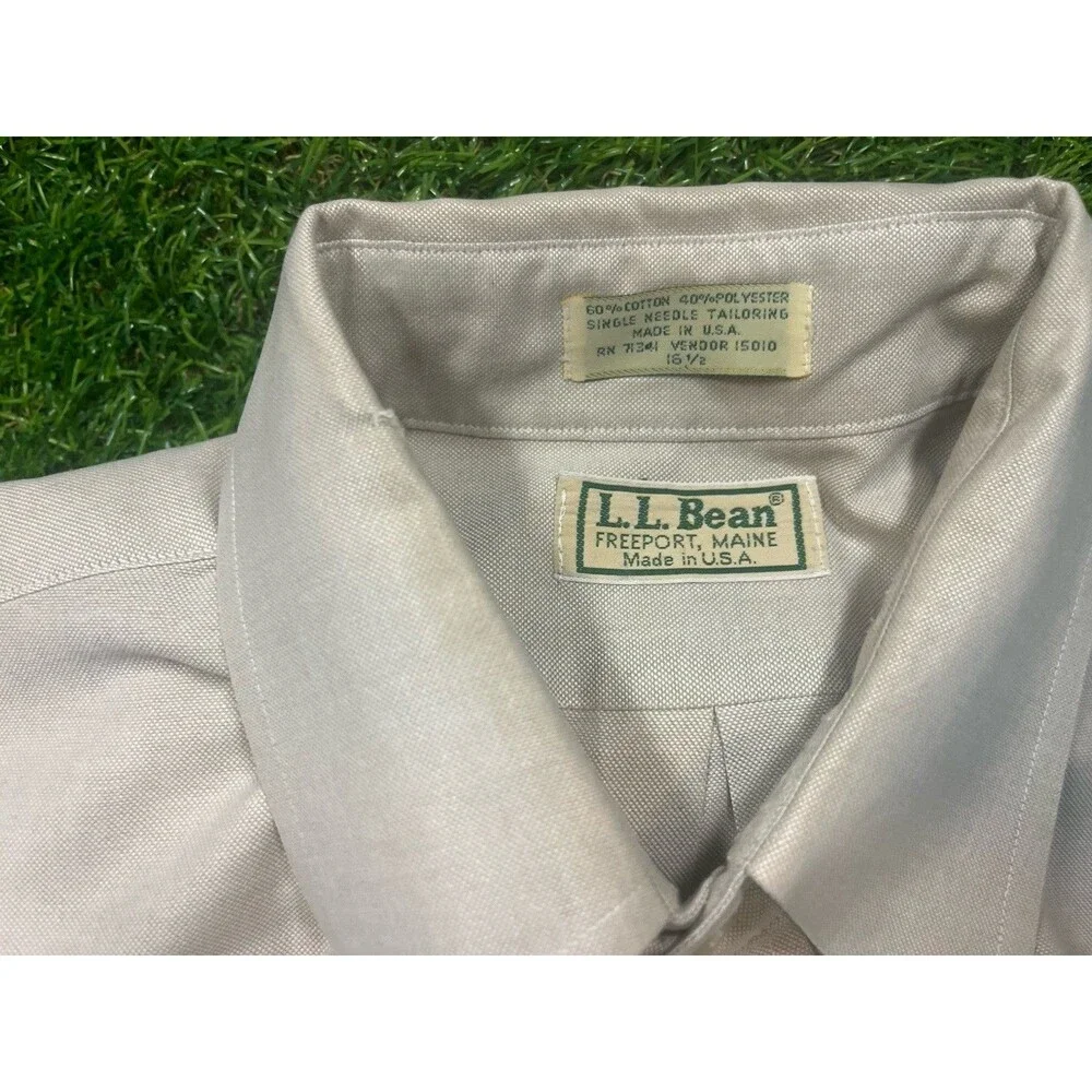 Vintage L.L. Bean Men's Oxford Cloth Beige Short Sleeve Button down 16.5 - Picture 2 of 4